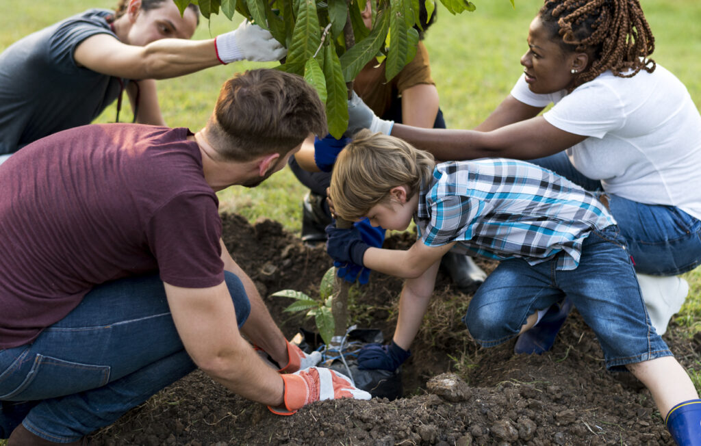 Group of environmental conservation people planting together